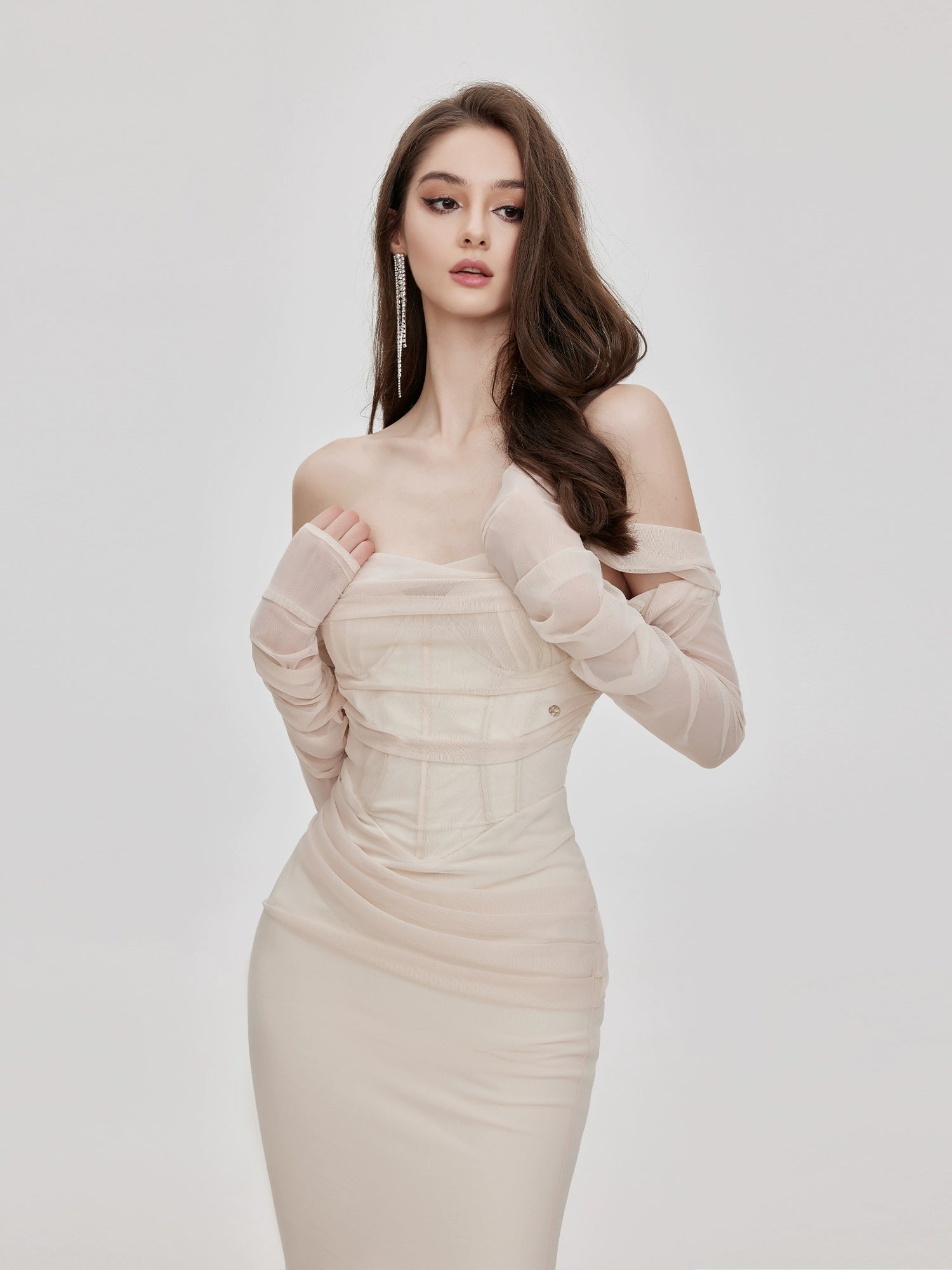 Apricot & Black Mesh Off-shoulder Fishtail Dress
