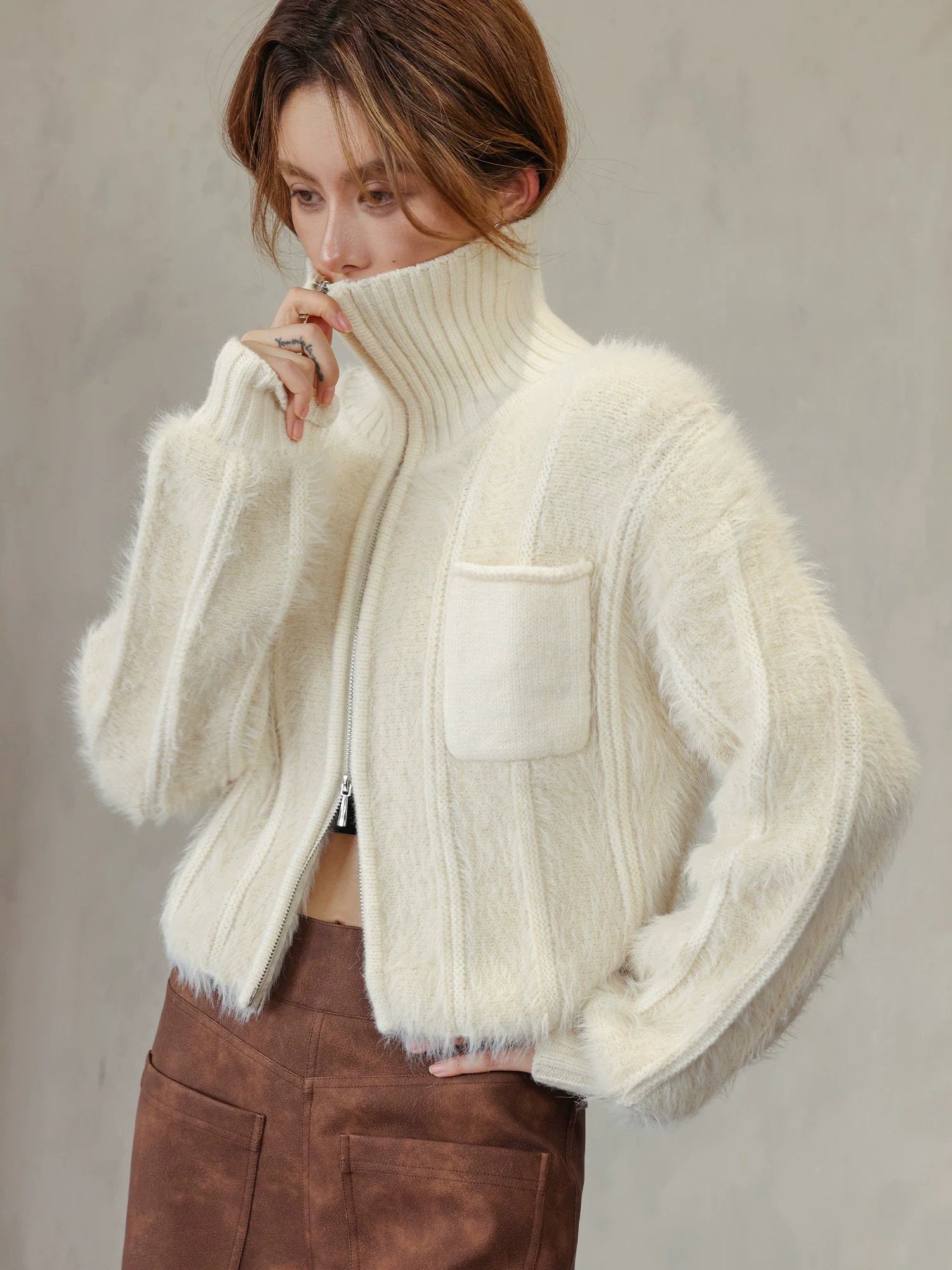 Gray & Apricot Faux Mink High-Neck Cardigan