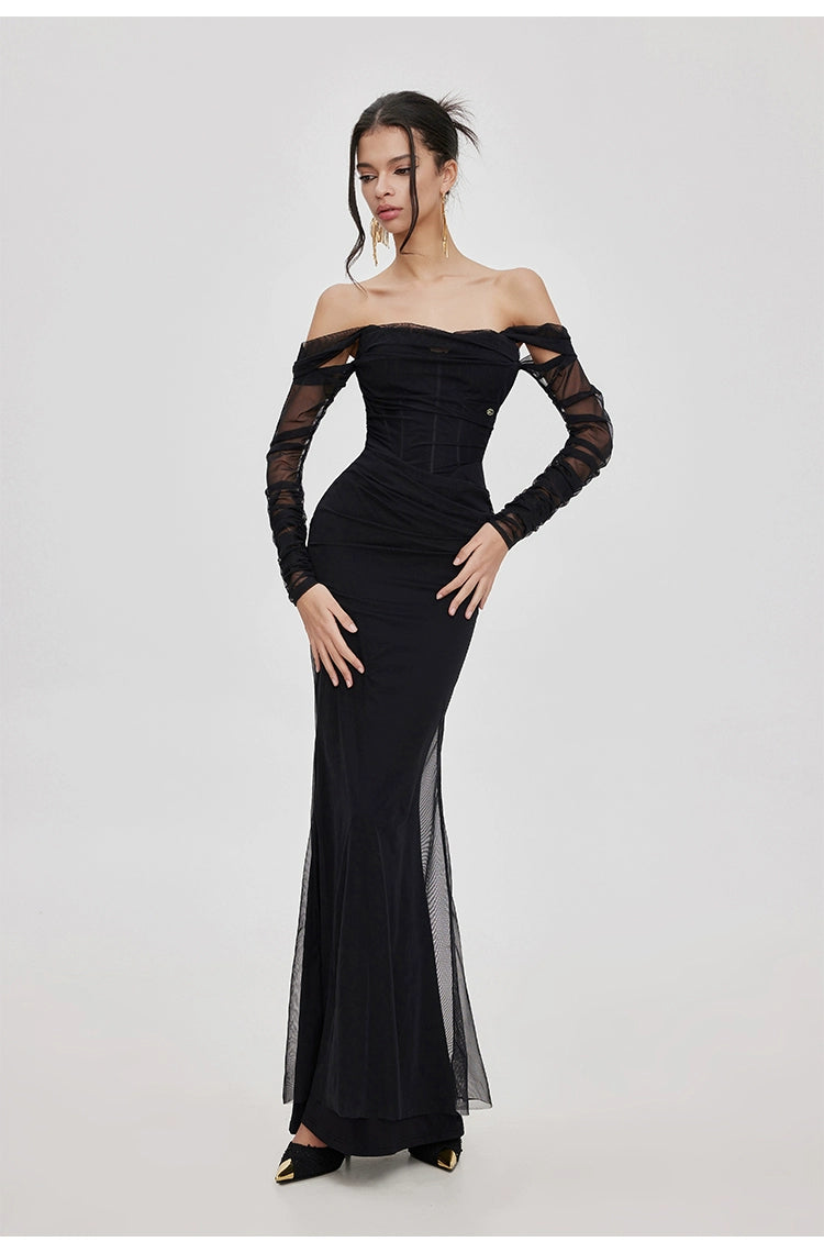Apricot & Black Mesh Off-shoulder Fishtail Dress