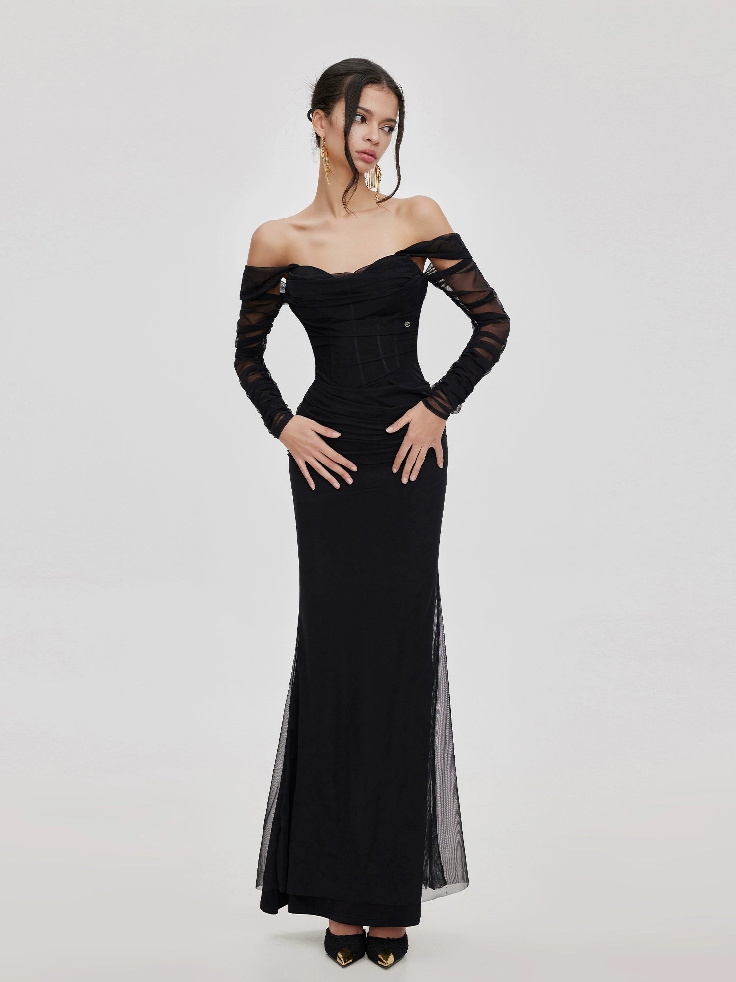 Apricot & Black Mesh Off-shoulder Fishtail Dress