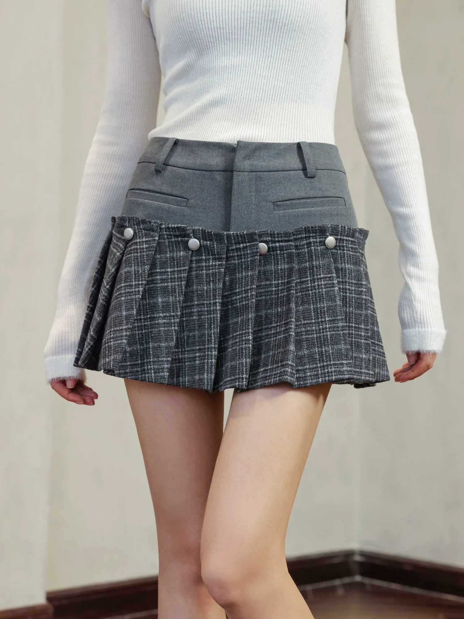 Grey Detachable Checkered Pants