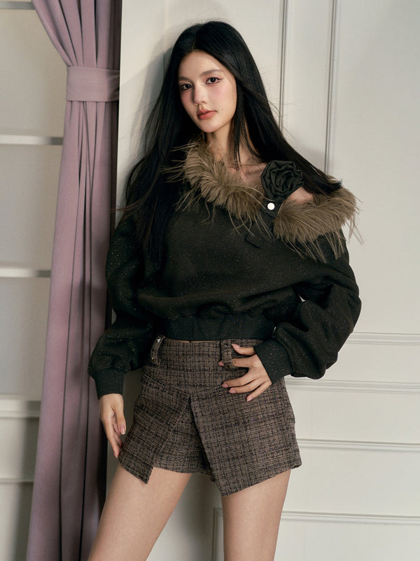 Brown High-Waisted Tweed Shorts