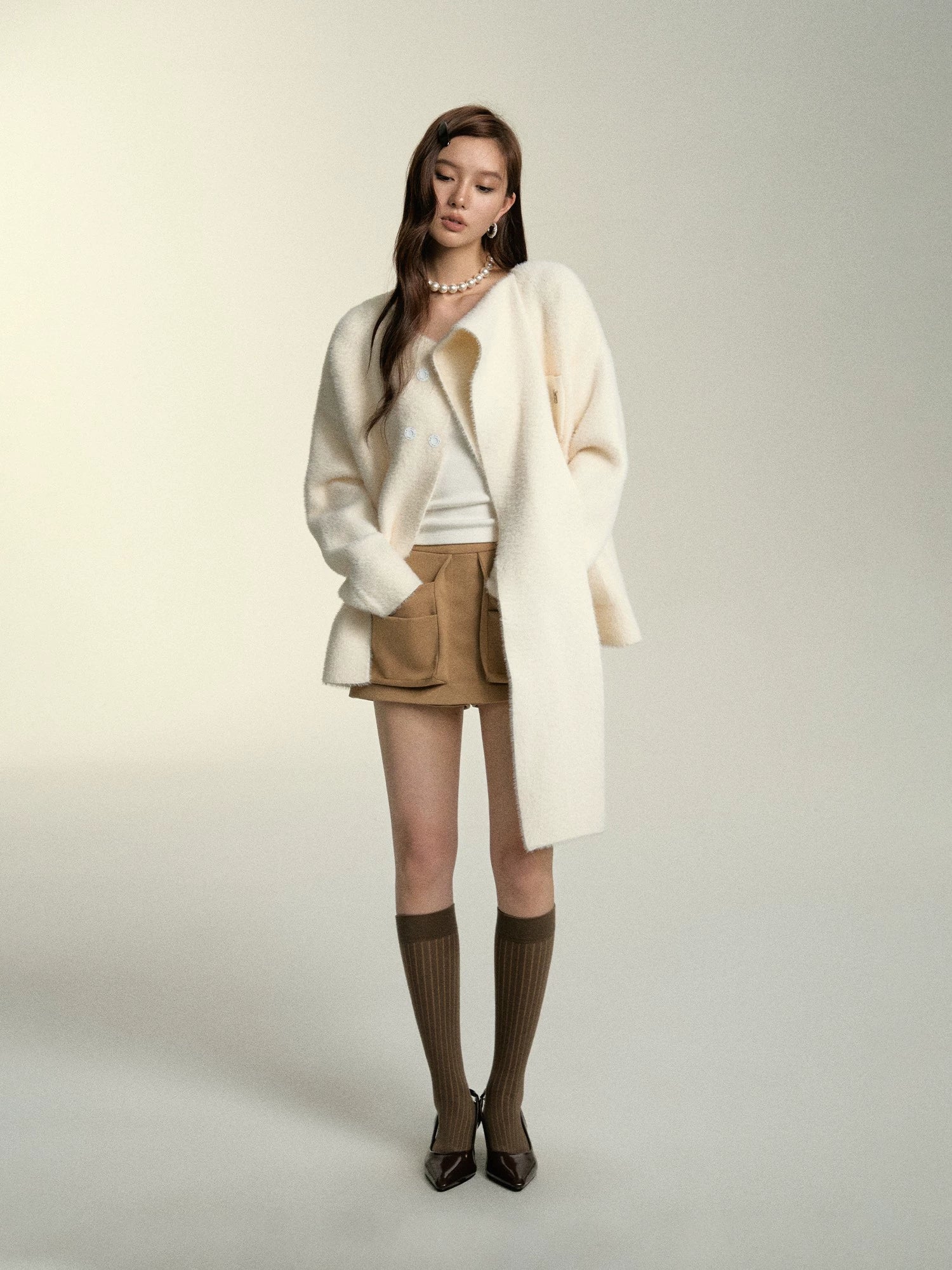 White Faux Mink Fur Collar Scarf Sweater