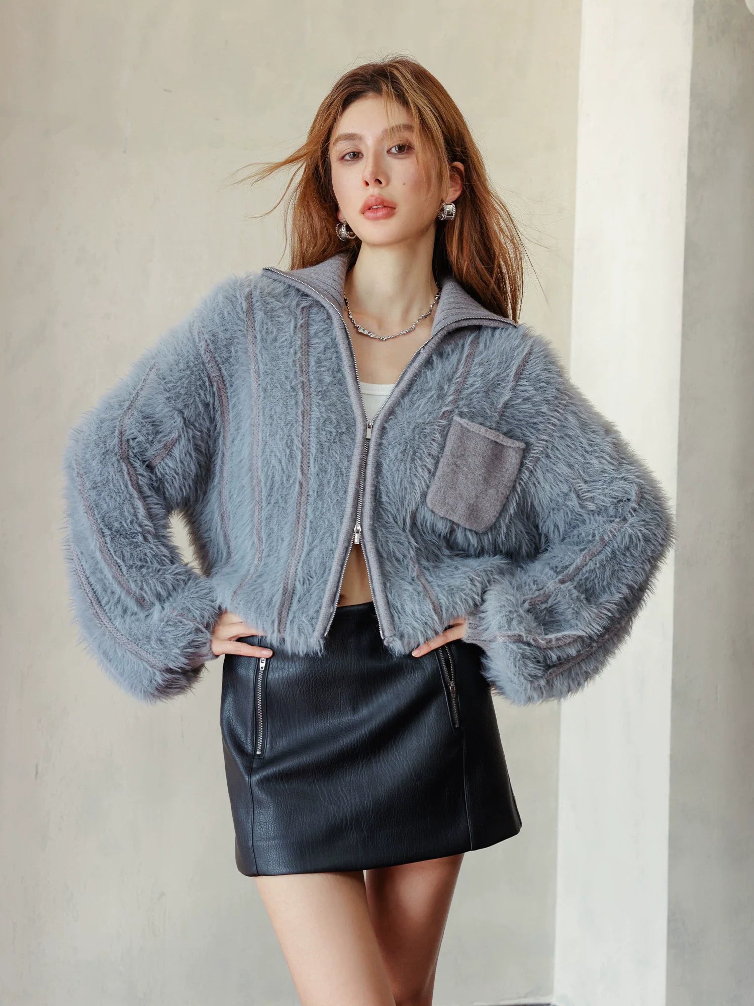 Gray & Apricot Faux Mink High-Neck Cardigan