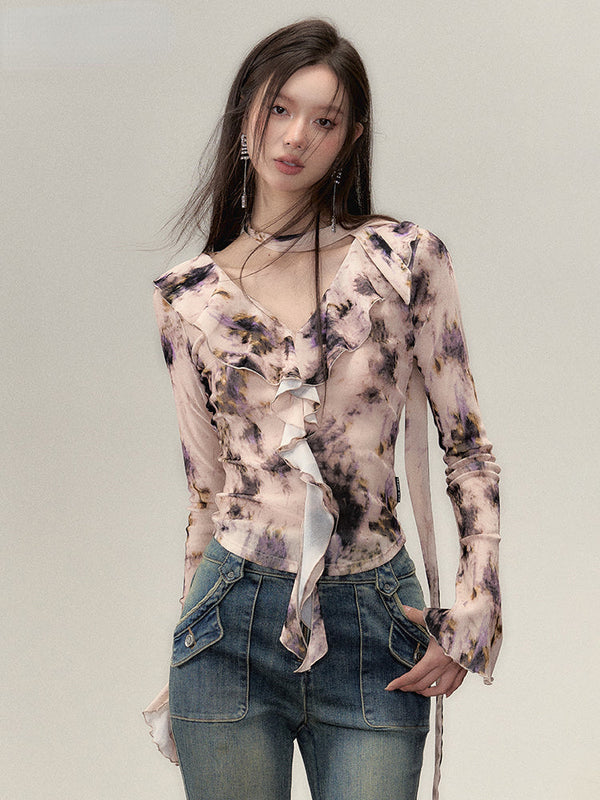 Oil Painting Ruffled V-neck Blouse
