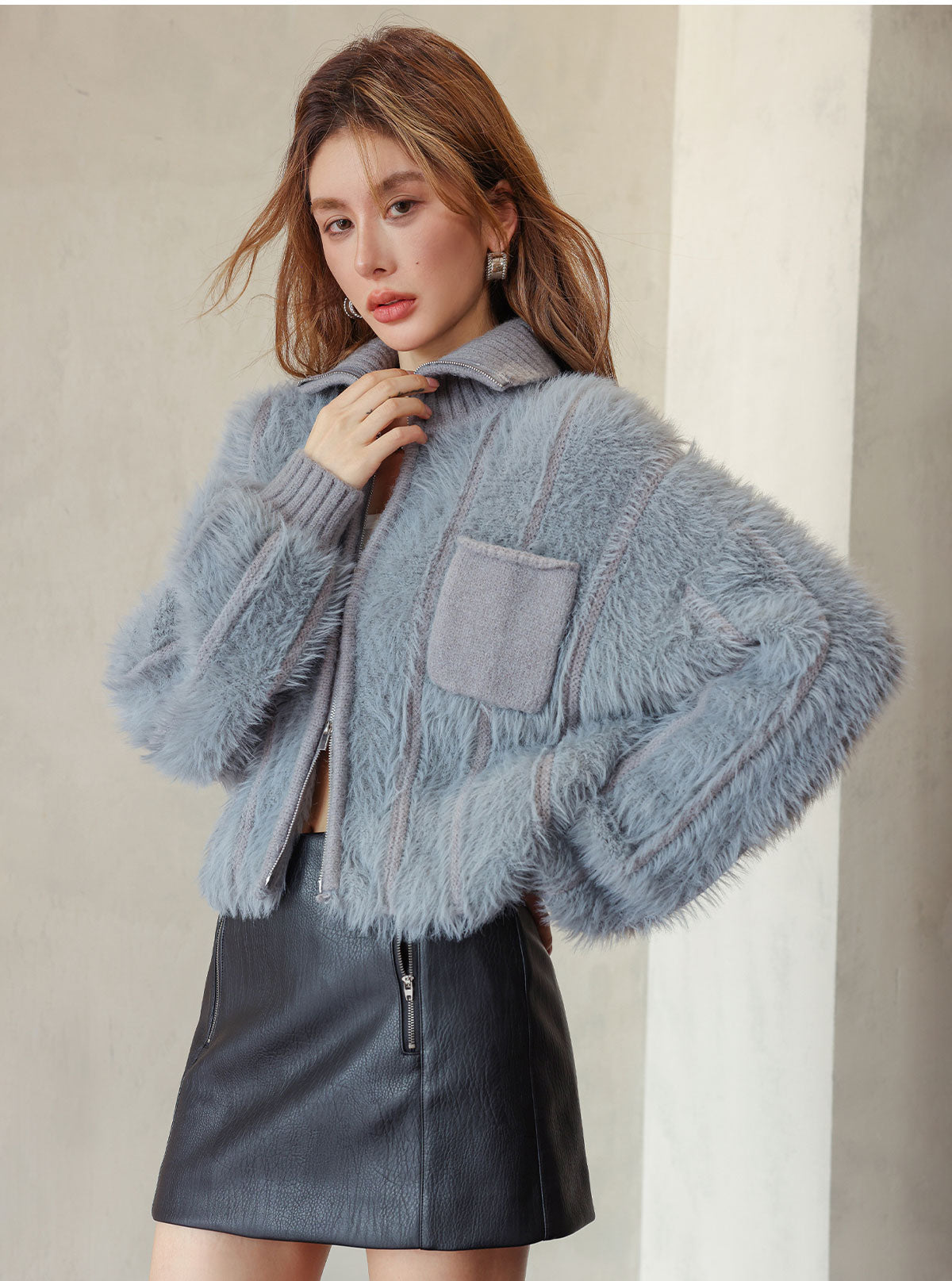 Gray & Apricot Faux Mink High-Neck Cardigan