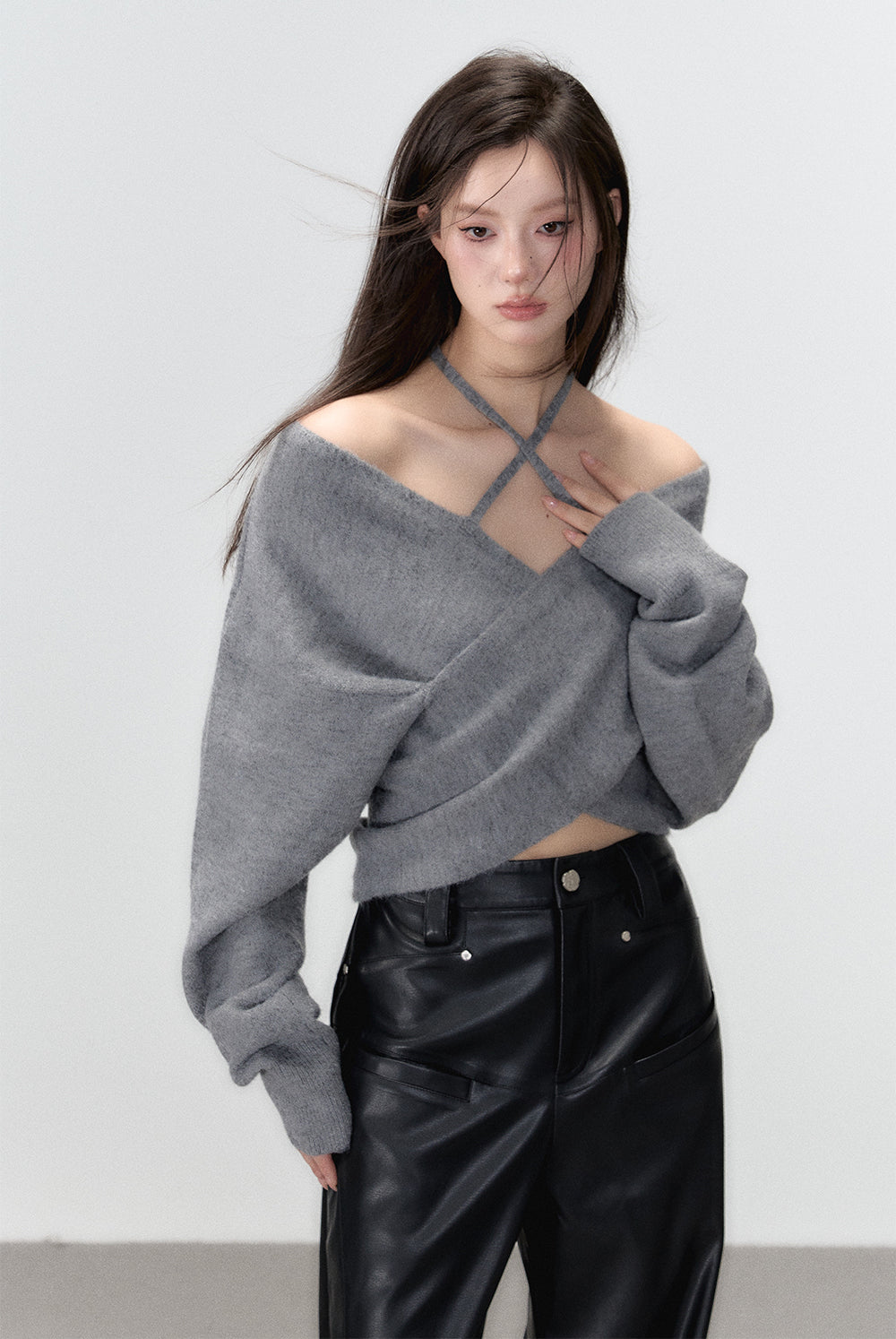 Grey & White Off-shoulder Knitted Wool Sweater