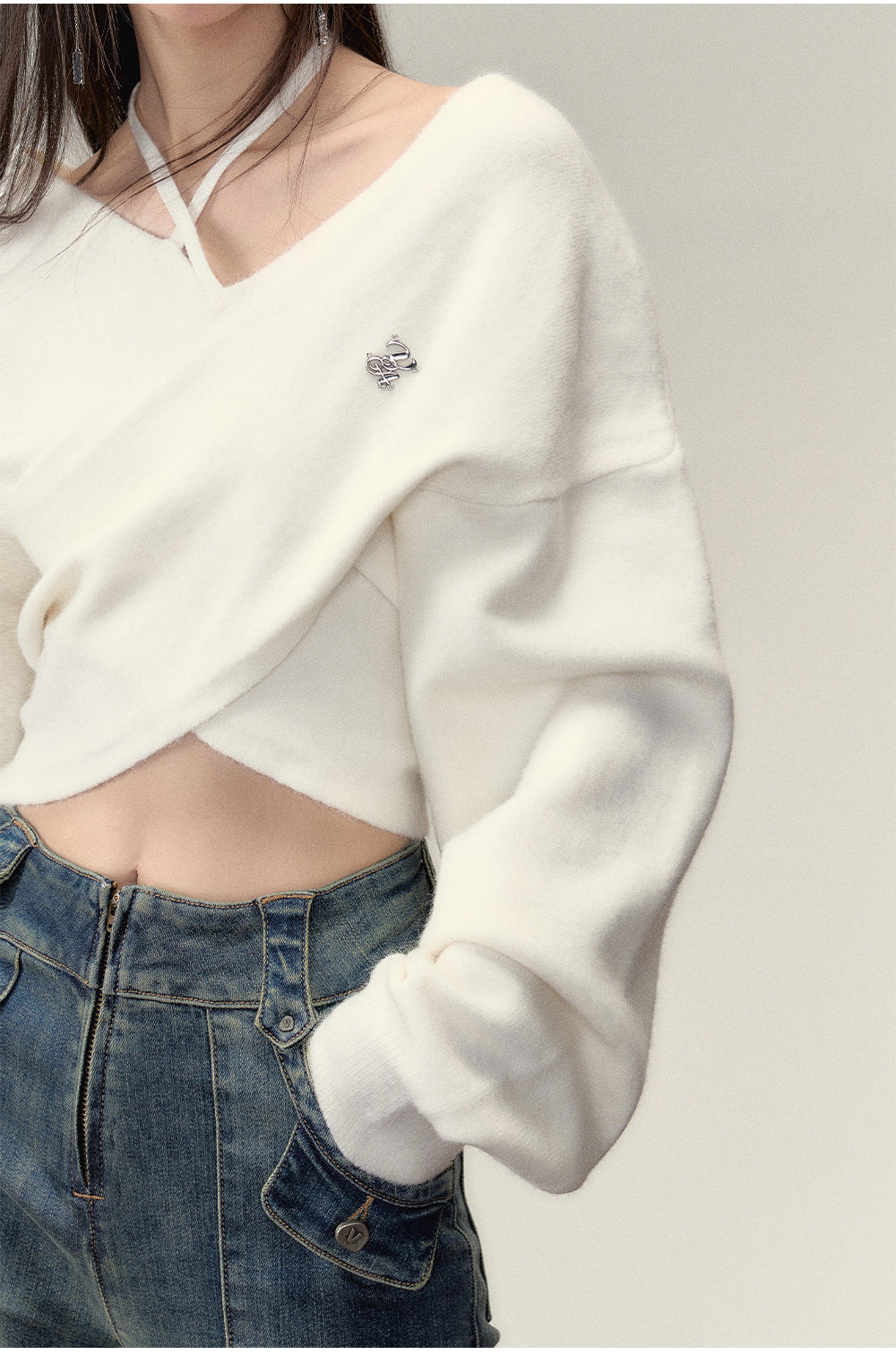 Grey & White Off-shoulder Knitted Wool Sweater