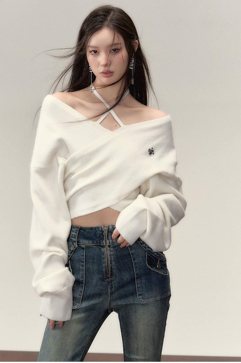 Grey & White Off-shoulder Knitted Wool Sweater