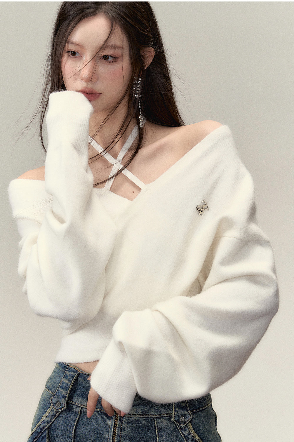 Grey & White Off-shoulder Knitted Wool Sweater