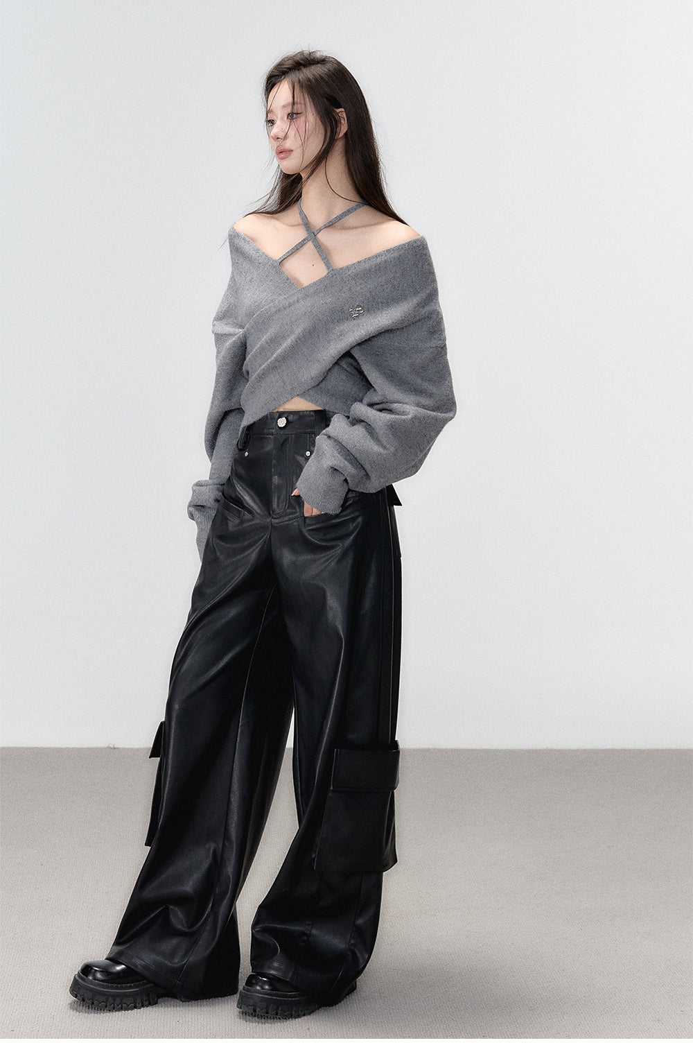 Grey & White Off-shoulder Knitted Wool Sweater